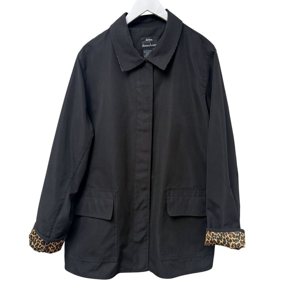 DENNIS BASSO Womens Jacket Plus Size 1X Black Car Coat Trench Leopard Accents